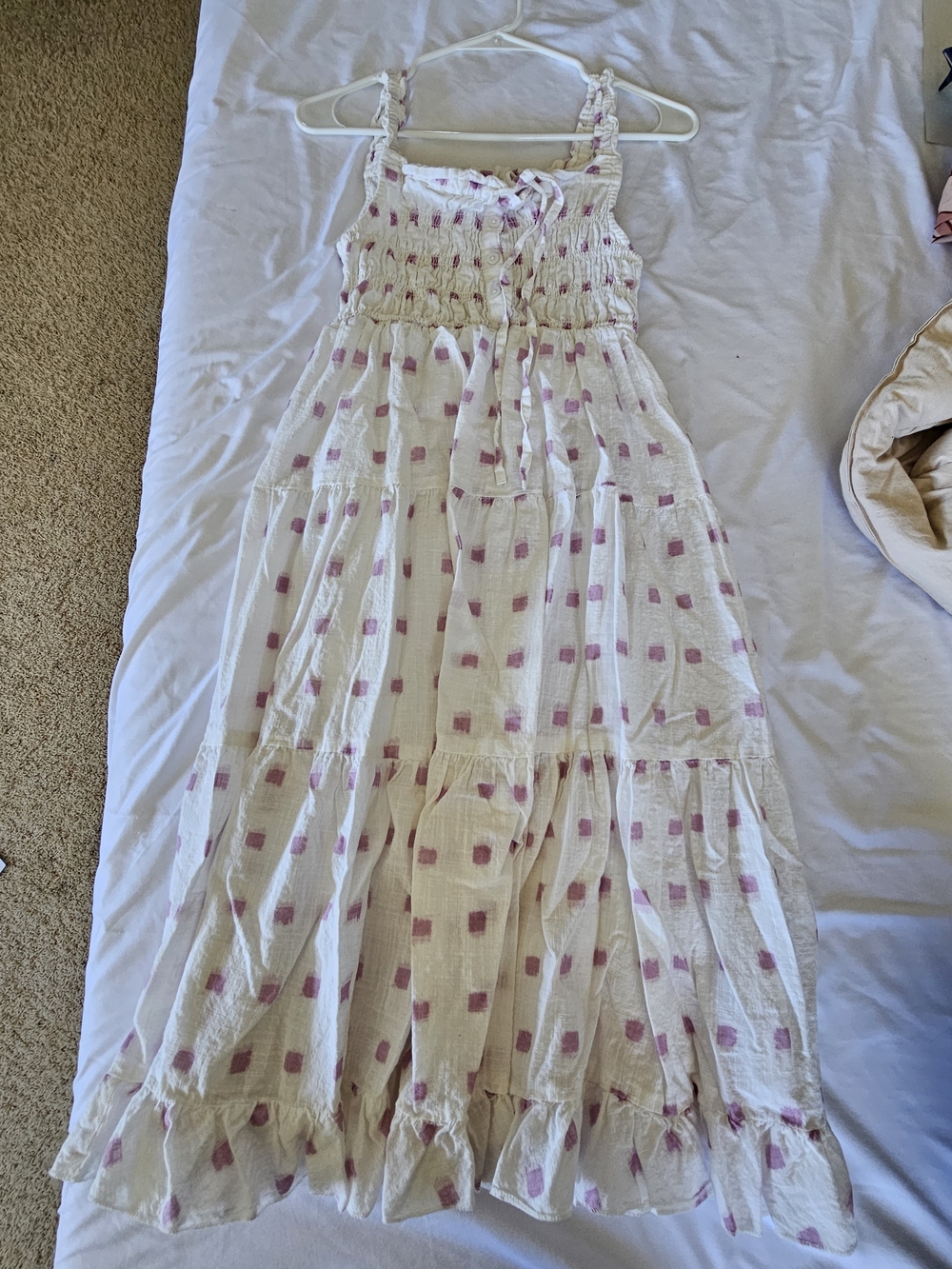Smocked Cream Midi Dress with Pink Dot Print